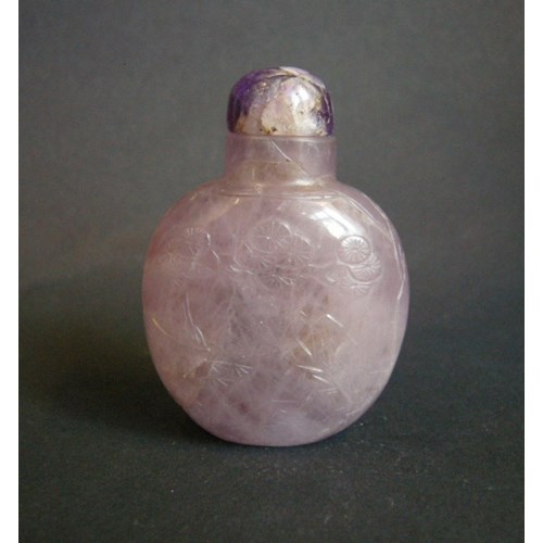 Crystal Amethyst snuff bottle sculpted with Lotus and pine